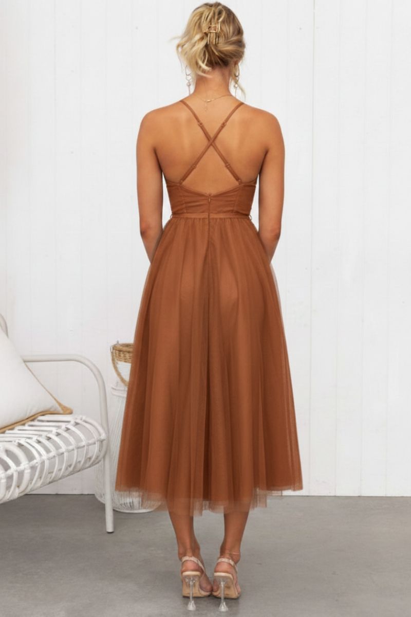 Women's Tulle Midi Dress – Lana in Brown, back view on model