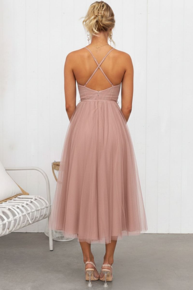 Women's Tulle Midi Dress – Lana in Dusty Pink, back view on model