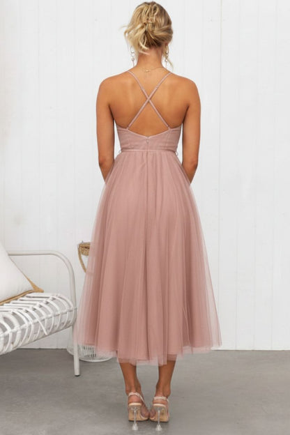 Women's Tulle Midi Dress – Lana in Dusty Pink, back view on model