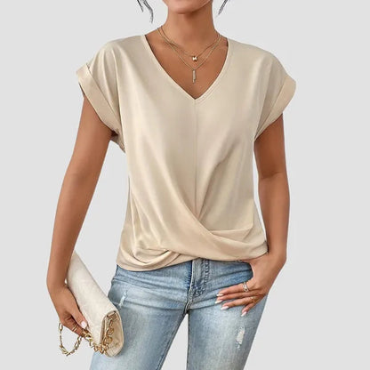Apricot Sancia women's twist front short sleeve blouse, front view on model