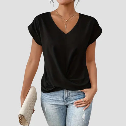 Black Sancia women's twist front short sleeve blouse, front view on the model