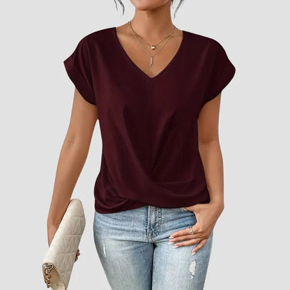 Burgundy Sancia women's twist front short sleeve blouse with draped twist front