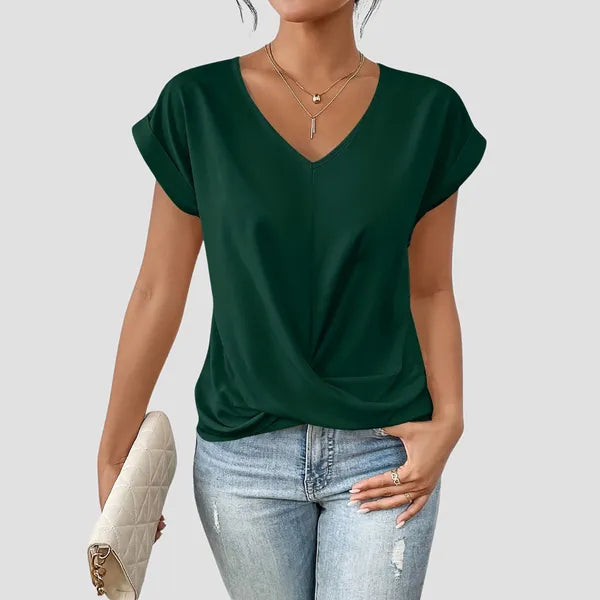 Green Sancia women's twist front short sleeve blouse, front view of twist hem
