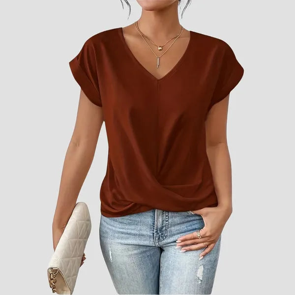 Red Sancia women's twist front short sleeve blouse with dolman cap sleeves