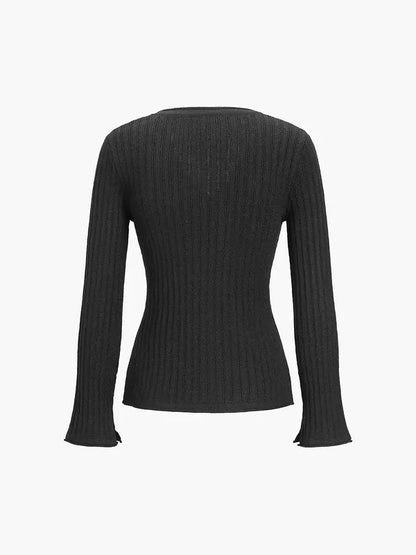 Lavinia black ribbed knit cardigan, back view flatlay on white background