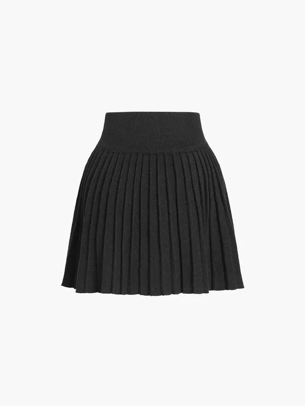 Lavinia black pleated knit mini skirt, flatlay on white background