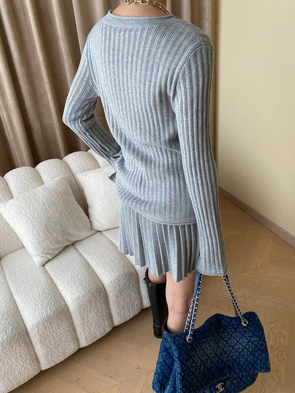 Lavinia gray cardigan and pleated mini skirt set, back view on model