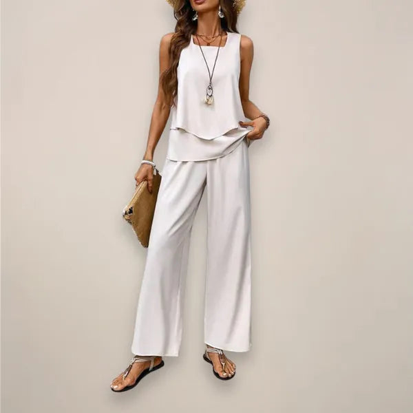 Fabiola two-piece set in beige ivory, tank top and wide leg trousers, front