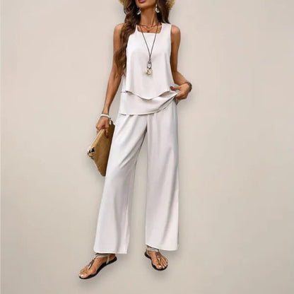 Fabiola two-piece set in beige ivory, tank top and wide leg trousers, front