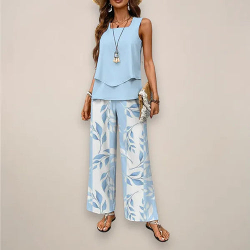 Fabiola two-piece set in blue, tank top with leaf print wide leg trousers