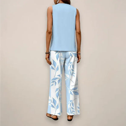 Fabiola blue tank top and leaf print wide leg trousers set, back view