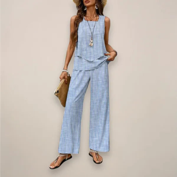 Fabiola blue striped two-piece set, sleeveless top and wide leg trousers