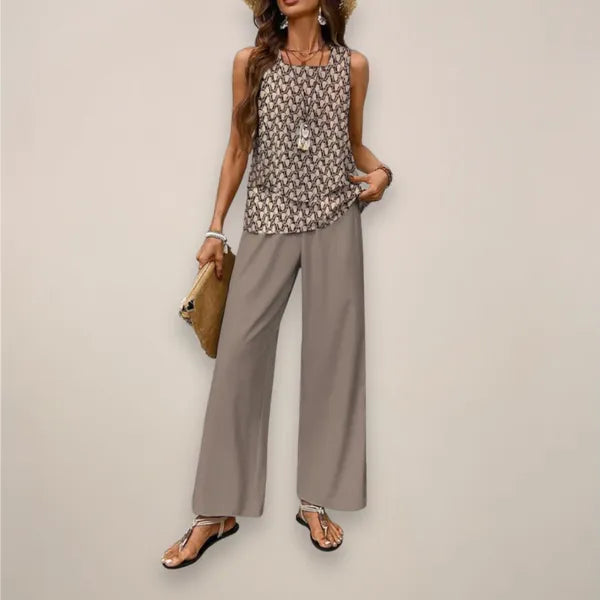 Fabiola light brown set, printed tank top with solid taupe wide leg trousers