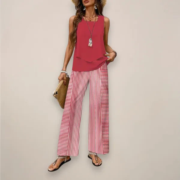 Fabiola two-piece set in red, tank top with red striped wide leg trousers