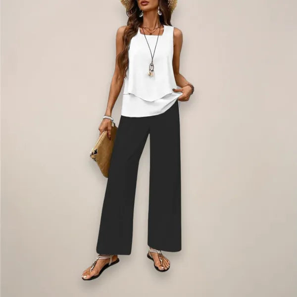 Fabiola white and black two-piece set, white tank top with black trousers