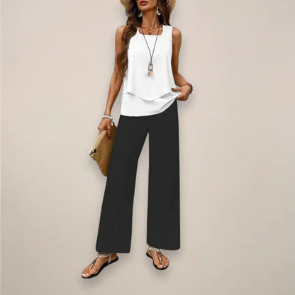 Fabiola white and black two-piece set, white tank top with black trousers