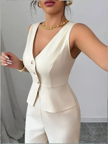 Fenella Women's Two-Piece Set in white, close-up of buttoned V-neck vest bodice