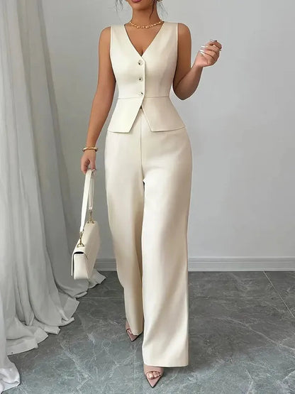 Fenella Women's Two-Piece Set in white, front view of vest and wide-leg pants