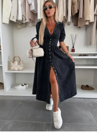 Women's V Neck Button Front Midi Dress – Runa in Black, front view on model