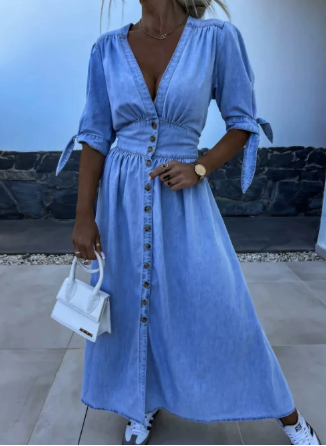 Women's V Neck Button Front Midi Dress – Runa in Blue, front view on model
