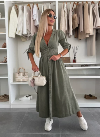 Women's V Neck Button Front Midi Dress – Runa in Green, front view on model