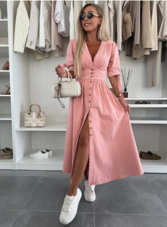 Women's V Neck Button Front Midi Dress – Runa in Pink, front view on model