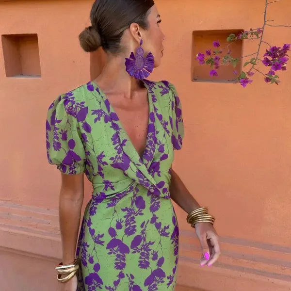 Klara green floral wrap maxi dress for women, back view of the deep V neckline