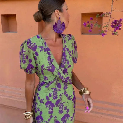Klara green floral wrap maxi dress for women, back view of the deep V neckline