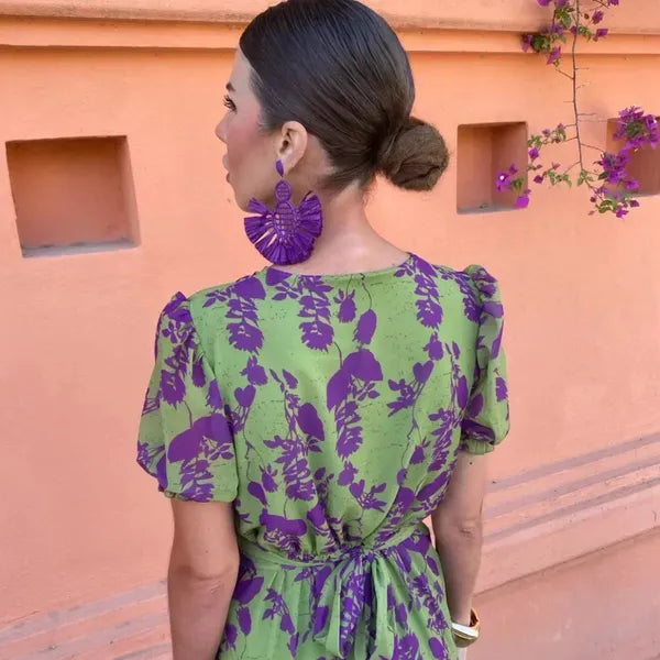 Back view of the Klara women's green floral wrap maxi dress with puff sleeves