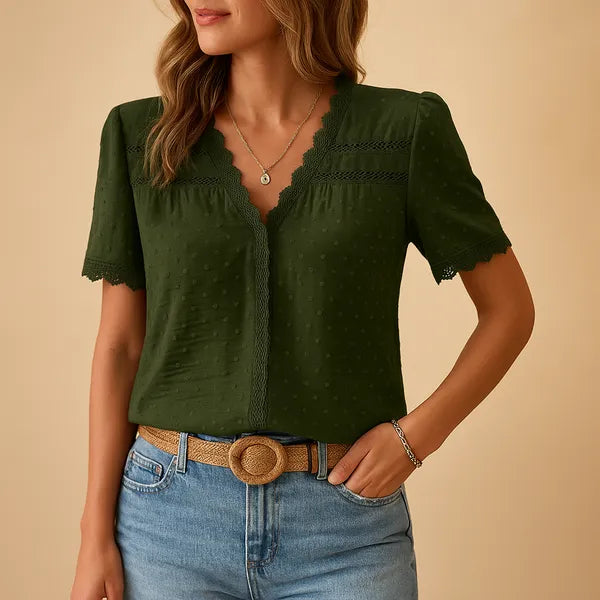 Army green Eirene women's V-neck lace trim blouse, front view with woven belt