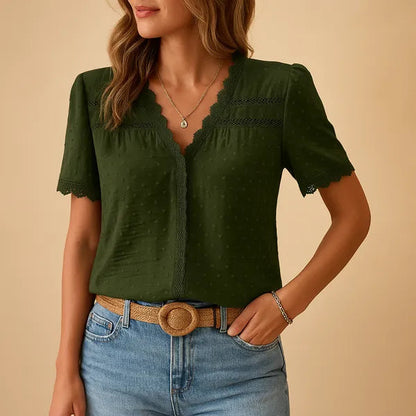 Army green Eirene women's V-neck lace trim blouse, front view with woven belt