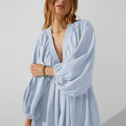 Light Blue V-Neck Mini Dress front close view with balloon sleeves and gathered waist