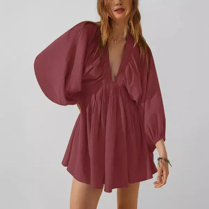 Red V-Neck Mini Dress front view showing berry tone and voluminous puff sleeves
