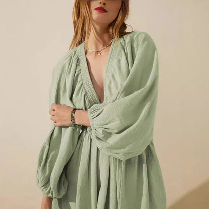 Sage Green V-Neck Mini Dress front close view of textured fabric and V neckline