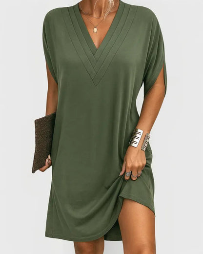 Olive Green V-Neck Mini Dress front view with pintuck neckline and split sleeves