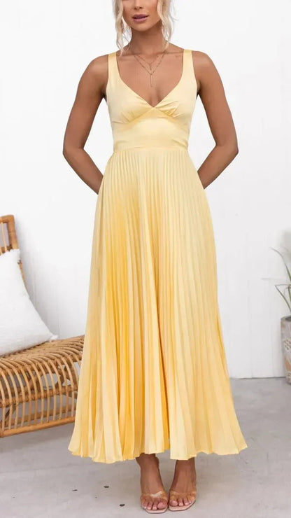 Yellow Aveline women's V-neck pleated maxi dress, full-length front view on model