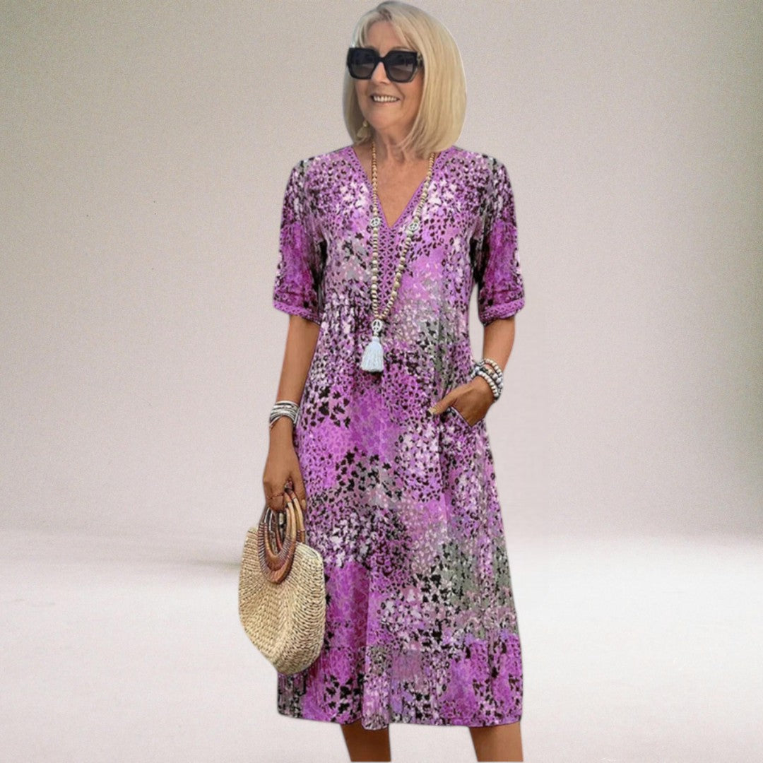 Women's V-Neck Summer Midi Dress – Daiva in Purple, front view on model