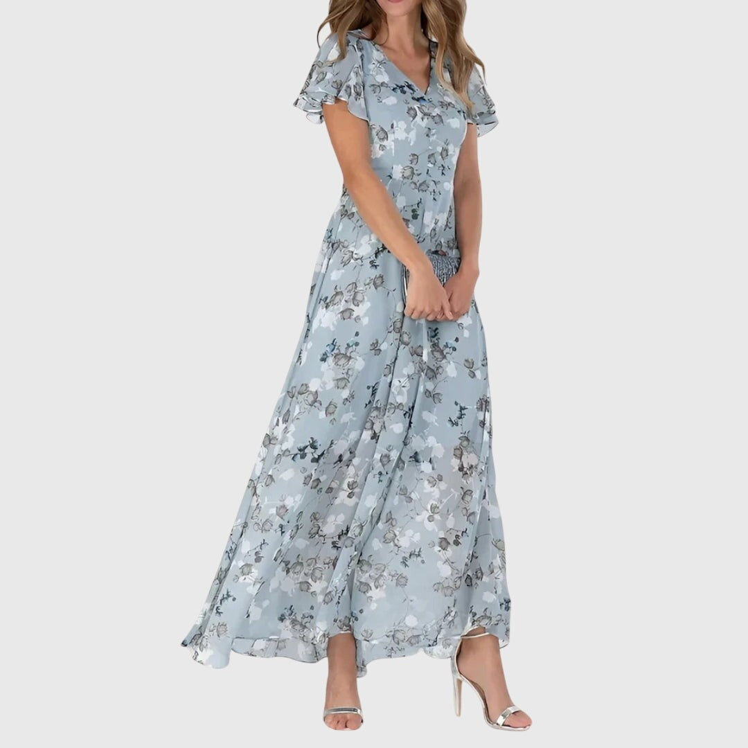 Blue Millicent women's wedding guest floral maxi dress, full-length front view