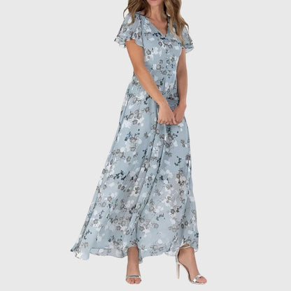 Blue Millicent women's wedding guest floral maxi dress, full-length front view