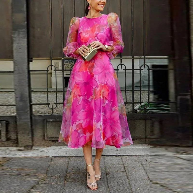 Women's Wedding Guest Floral Midi Dress – Antonia in Pink, front view on model