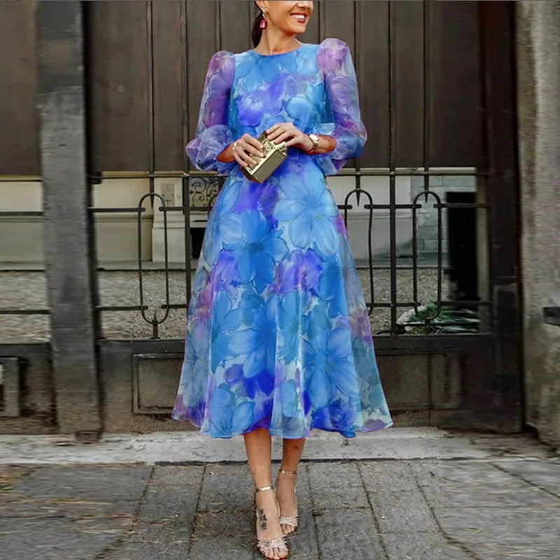 Women's Wedding Guest Floral Midi Dress – Antonia in Royal Blue, front view on model