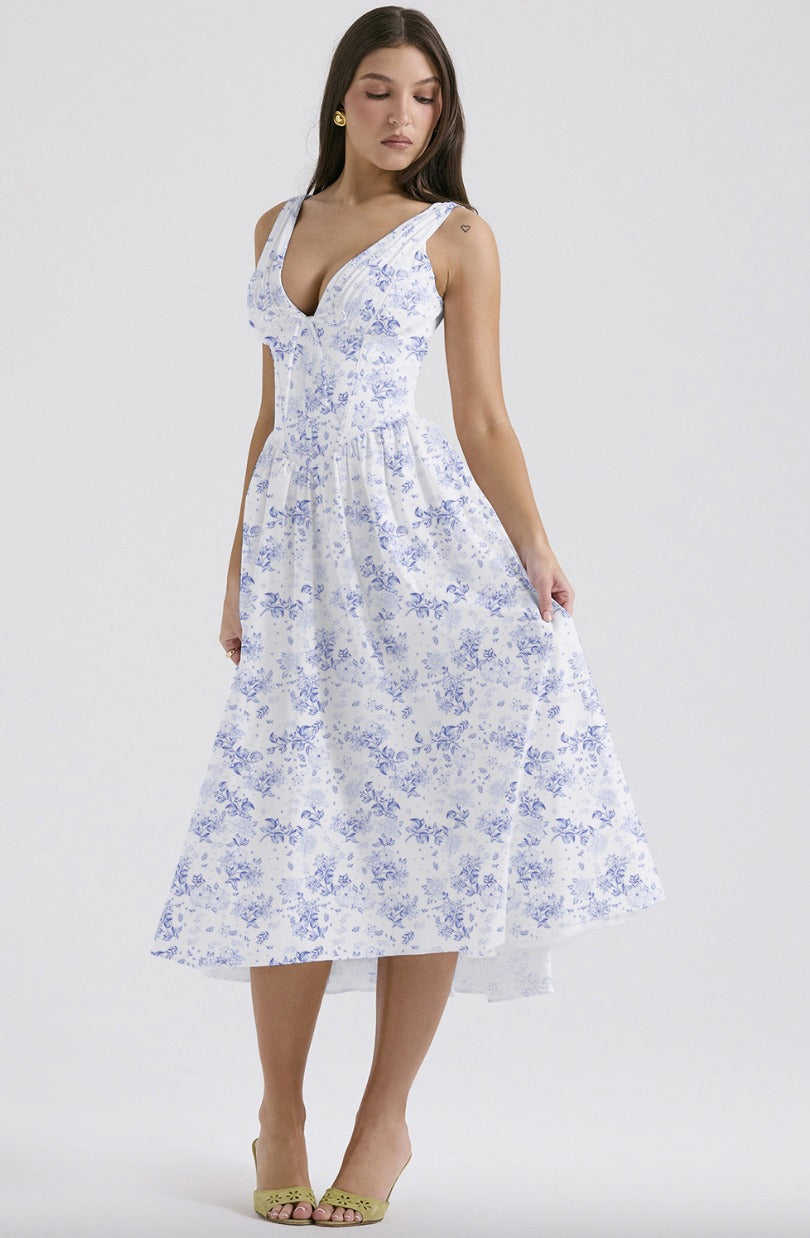 Women's Wedding Guest Floral Midi Dress – Persephone in Blue Floral, front view on model