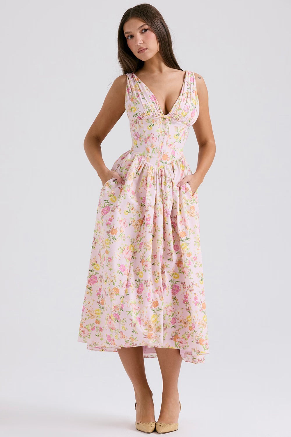 Women's Wedding Guest Floral Midi Dress – Persephone in Pink Floral, front view on model