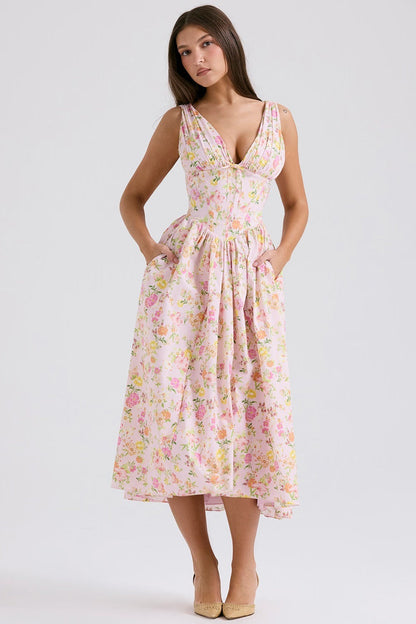 Women's Wedding Guest Floral Midi Dress – Persephone in Pink Floral, front view on model