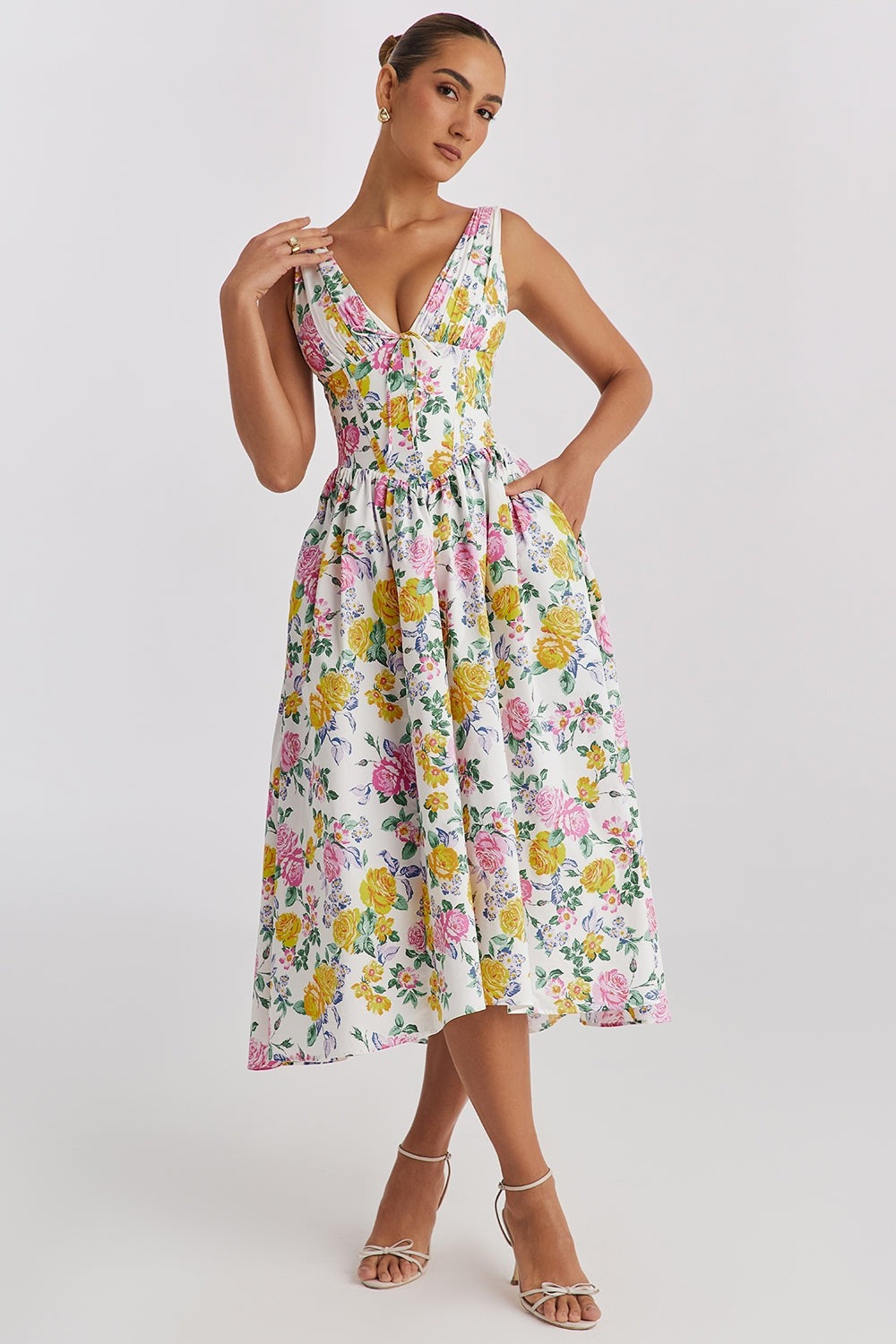Women's Wedding Guest Floral Midi Dress – Persephone in Yellow Floral, front view on model