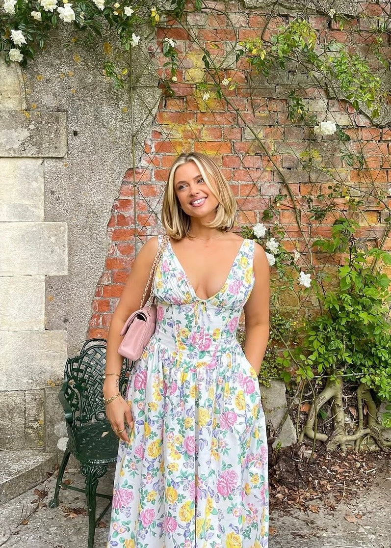 Women's Wedding Guest Floral Midi Dress – Persephone in Yellow Floral, styled front view on model