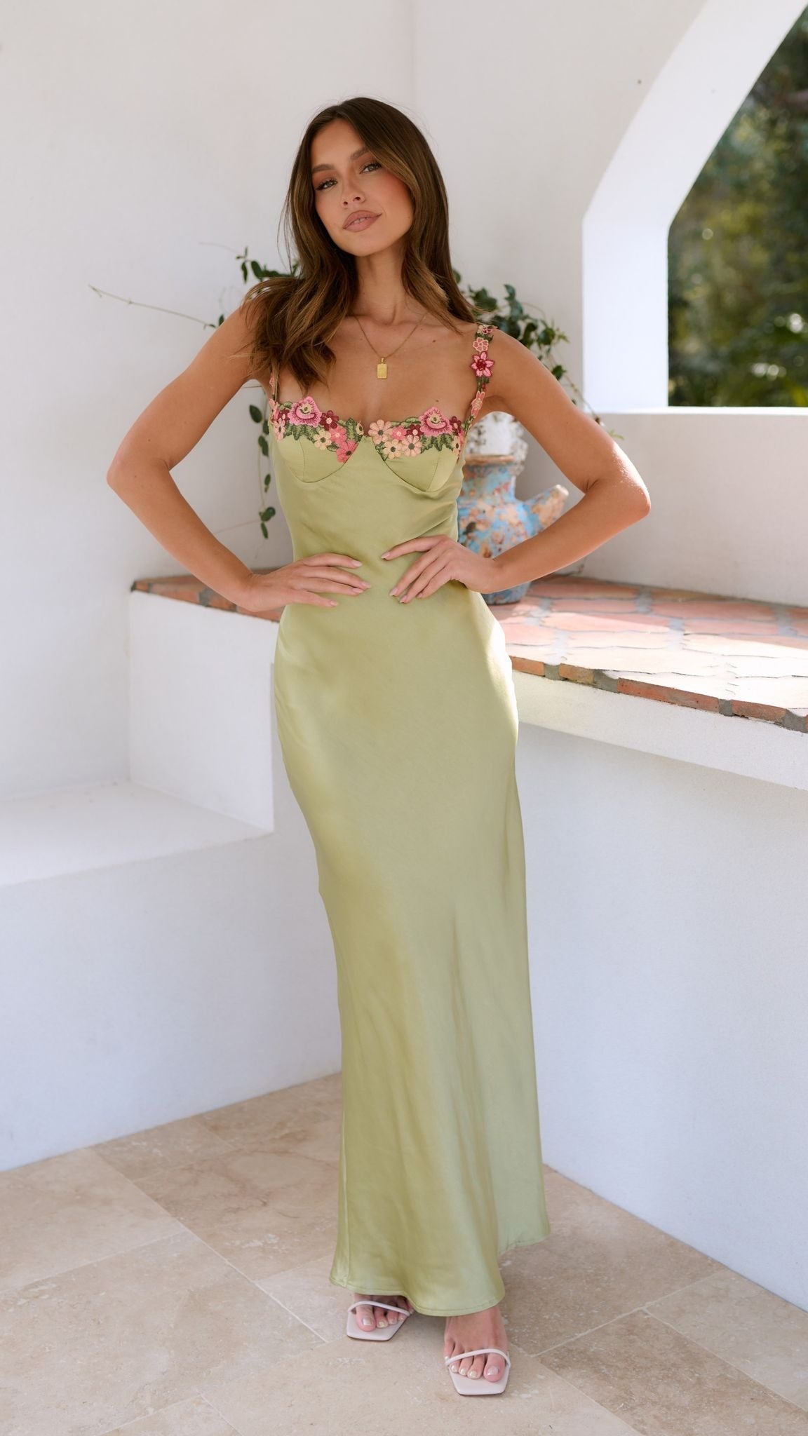 Front view of the Lucienne women's lime wedding guest slip maxi dress