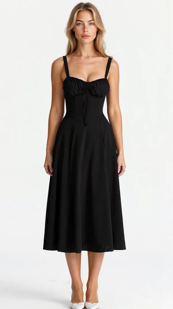 Women's Wedding Guest Floral Slip Midi Dress – Amabel in Black, front view on model