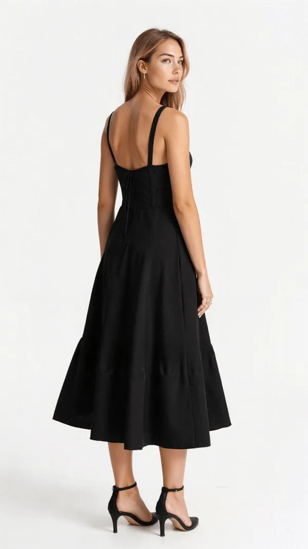 Women's Wedding Guest Floral Slip Midi Dress – Amabel in Black, back view on model