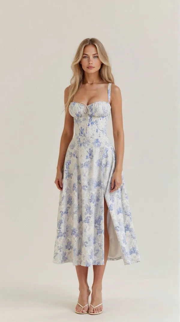 Women's Wedding Guest Floral Slip Midi Dress – Amabel in Blue, front view on model